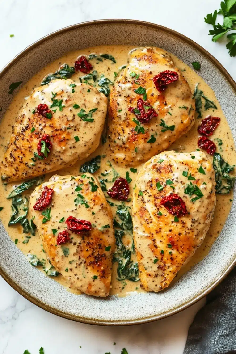 One skillet creamy sun dried tomato - the image shows a plate of cooked chicken breasts in a creamy sauce. the chicken breasts are golden brown and appear to be seasoned with herbs and spices. the sauce is a light yellow color and is drizzled over the top of the chicken breasts. there are also small chunks of red sun-dried tomatoes scattered throughout the sauce, adding a pop of color to the dish. the plate is sitting on a white marble countertop with a gray napkin and a sprig of parsley on the side.