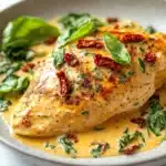 One skillet creamy sun dried tomato - the image shows a plate of food, specifically a dish of chicken breasts covered in a creamy orange sauce. the chicken breasts are golden brown and appear to be seasoned with herbs and spices. the sauce is drizzled over the top of the chicken breasts and is garnished with fresh basil leaves and red sun-dried tomatoes. the plate is white and round, and the background is blurred, making the dish the focal point of the image.