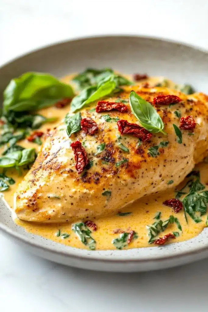 One skillet creamy sun dried tomato - the image shows a plate of food, specifically a dish of chicken breasts covered in a creamy orange sauce. the chicken breasts are golden brown and appear to be seasoned with herbs and spices. the sauce is drizzled over the top of the chicken breasts and is garnished with fresh basil leaves and red sun-dried tomatoes. the plate is white and round, and the background is blurred, making the dish the focal point of the image.