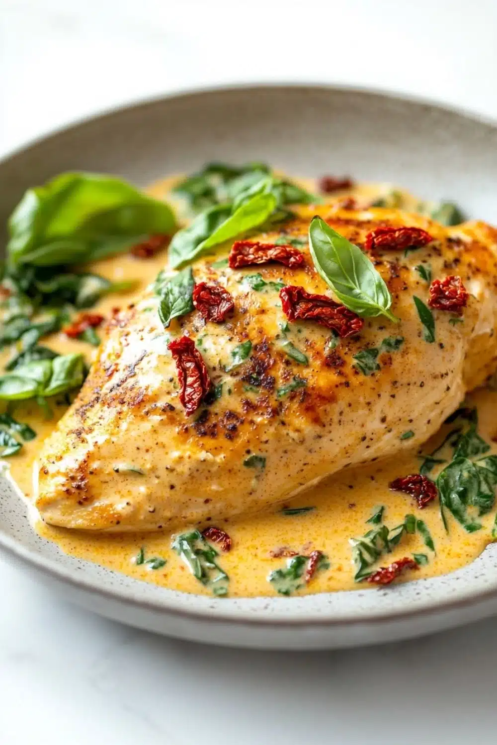 One skillet creamy sun dried tomato - the image shows a plate of food, specifically a dish of chicken breasts covered in a creamy orange sauce. the chicken breasts are golden brown and appear to be seasoned with herbs and spices. the sauce is drizzled over the top of the chicken breasts and is garnished with fresh basil leaves and red sun-dried tomatoes. the plate is white and round, and the background is blurred, making the dish the focal point of the image.