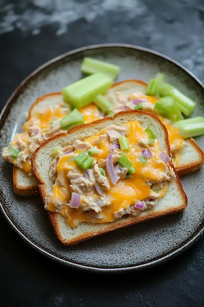 Openfaced tuna melt sandwich - the image shows a plate with three slices of bread on it. the bread is toasted and has a golden brown crust. on top of the bread, there is a mixture of diced chicken, diced onions, and green celery. the chicken appears to be cooked and is covered in a creamy yellow sauce. the celery is cut into small pieces and is scattered around the plate. the plate is black and the background is blurred, making the plate the focal point of the image.