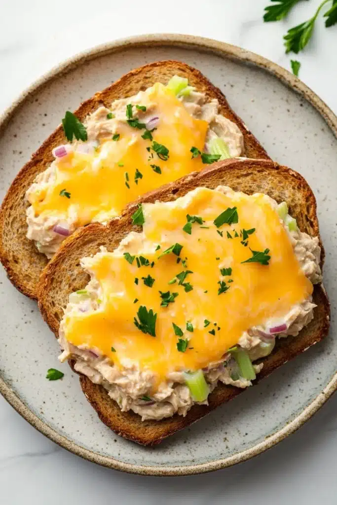 Openfaced tuna melt sandwich - the image shows two slices of bread on a blue and white plate. the bread appears to be toasted and has a golden brown crust. on top of the bread, there is a layer of melted cheese, which is a bright yellow color. the cheese is spread evenly over the bread and is garnished with chopped green herbs. the plate is sitting on a white marble countertop with a sprig of parsley on the side.
