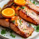 Orange glazed salmon air fryer - the image shows two pieces of salmon on a white plate. the salmon is cooked to a golden brown color and is garnished with fresh parsley. there are two slices of orange on top of the salmon, adding a pop of color to the dish. the plate is sitting on a marble countertop, and there is another plate visible in the background. the overall presentation of the dish is elegant and appetizing.