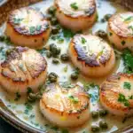 Panseared scallops with lemon caper sauce - the image shows a plate of cooked scallops on a white plate. the scalls are arranged in a circular pattern and are covered in a creamy sauce. the sauce appears to be a light yellow color and is drizzled over the scallop shells. there are also some green herbs scattered throughout the dish, including parsley and lemon wedges. the plate is sitting on a dark grey countertop with a few lemons in the background. the overall presentation of the dish is elegant and appetizing.