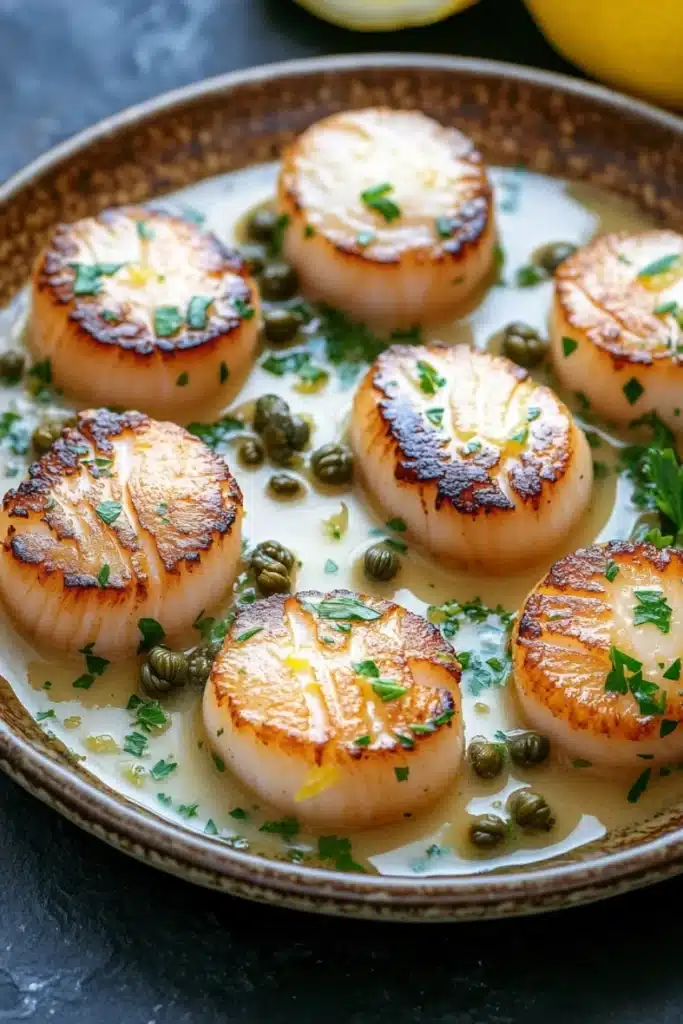Panseared scallops with lemon caper sauce - the image shows a plate of cooked scallops on a white plate. the scalls are arranged in a circular pattern and are covered in a creamy sauce. the sauce appears to be a light yellow color and is drizzled over the scallop shells. there are also some green herbs scattered throughout the dish, including parsley and lemon wedges. the plate is sitting on a dark grey countertop with a few lemons in the background. the overall presentation of the dish is elegant and appetizing.