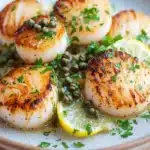 Panseared scallops with lemon caper sauce - the image shows a plate of cooked scallops on a white plate. the scalls are golden brown and appear to be seasoned with herbs and spices. they are arranged in a circular pattern on the plate, with some of them overlapping each other. the plate is garnished with a slice of lemon and a sprig of parsley. the background is blurred, but it appears to be a wooden table.