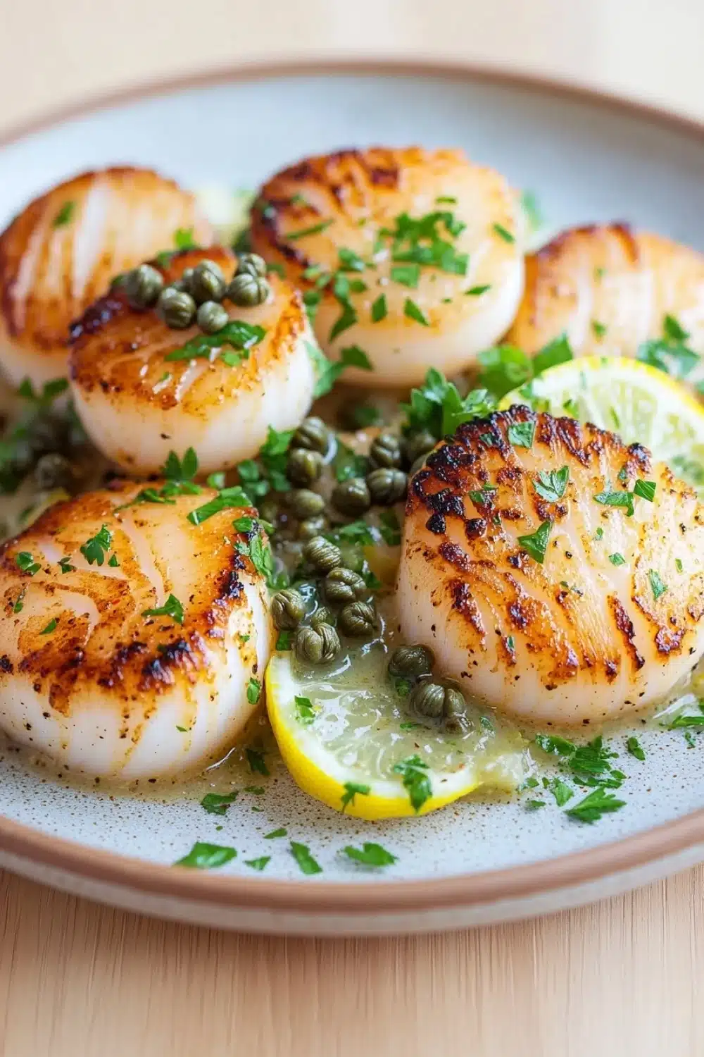 Panseared scallops with lemon caper sauce - the image shows a plate of cooked scallops on a white plate. the scalls are golden brown and appear to be seasoned with herbs and spices. they are arranged in a circular pattern on the plate, with some of them overlapping each other. the plate is garnished with a slice of lemon and a sprig of parsley. the background is blurred, but it appears to be a wooden table.