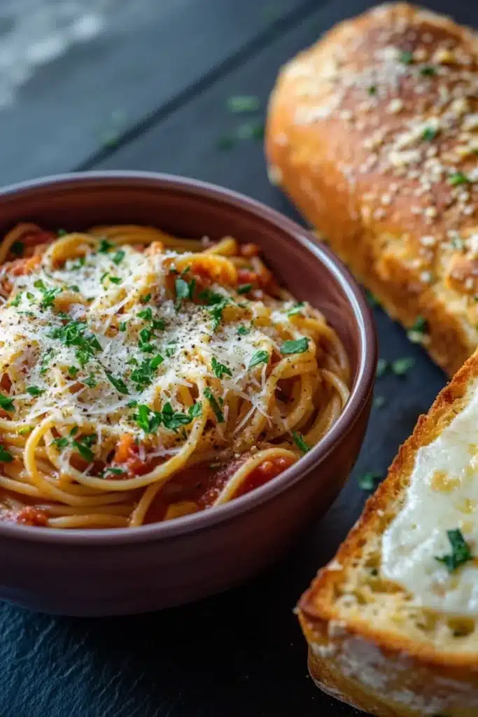 Pasta dinner garlic bread - the image shows a bowl of spaghetti with tomato sauce and parmesan cheese on top. the bowl is made of ceramic and is placed on a dark wooden table. next to the bowl, there is a slice of toasted bread with a golden brown crust. the bread appears to be freshly baked and has a crumbly texture. the dish is garnished with fresh herbs, adding a pop of green color to the dish. the background is blurred, but it seems to be a kitchen countertop.