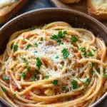 Pasta dinner garlic bread - the image shows a bowl of spaghetti with tomato sauce and parmesan cheese on top. the spaghetti is cooked al dente and is garnished with fresh parsley. the bowl is made of dark brown ceramic and is sitting on a wooden table. in the background, there are two slices of toasted bread on a cutting board. the overall color scheme of the image is warm and inviting.