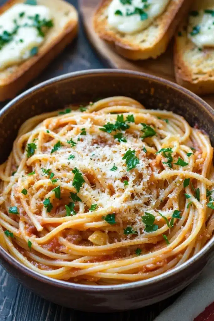 Pasta dinner garlic bread - the image shows a bowl of spaghetti with tomato sauce and parmesan cheese on top. the spaghetti is cooked al dente and is garnished with fresh parsley. the bowl is made of dark brown ceramic and is sitting on a wooden table. in the background, there are two slices of toasted bread on a cutting board. the overall color scheme of the image is warm and inviting.