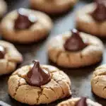 Peanut butter cookie blossoms - the image shows a tray of freshly baked peanut butter cookies. the cookies are round and golden brown in color, with a crumbly texture. they are arranged in a single layer on the tray, with some overlapping each other. each cookie has a small amount of chocolate on top, which is drizzled over the top. the tray is lined with parchment paper, and the background is blurred, making the cookies the focal point of the image.