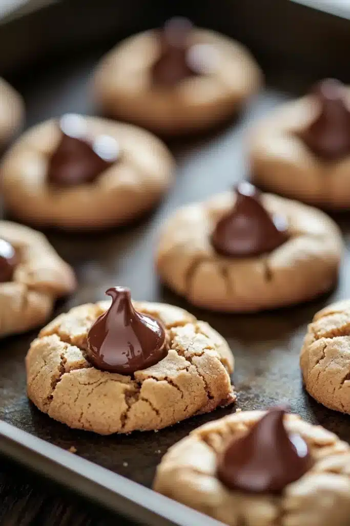 Peanut butter cookie blossoms - the image shows a tray of freshly baked peanut butter cookies. the cookies are round and golden brown in color, with a crumbly texture. they are arranged in a single layer on the tray, with some overlapping each other. each cookie has a small amount of chocolate on top, which is drizzled over the top. the tray is lined with parchment paper, and the background is blurred, making the cookies the focal point of the image.