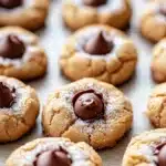 Peanut butter cookie blossoms - the image shows a tray of freshly baked cookies on a wooden table. the cookies are round and golden brown in color, with a crumbly texture. they are dusted with powdered sugar, giving them a shiny appearance. in the center of each cookie, there is a generous layer of chocolate shavings, which are arranged in a circular pattern. the chocolate is drizzled over the top of the cookies, creating a smooth and glossy texture. the tray is lined with parchment paper, and the background is blurred, making the cookies the focal point of the image.