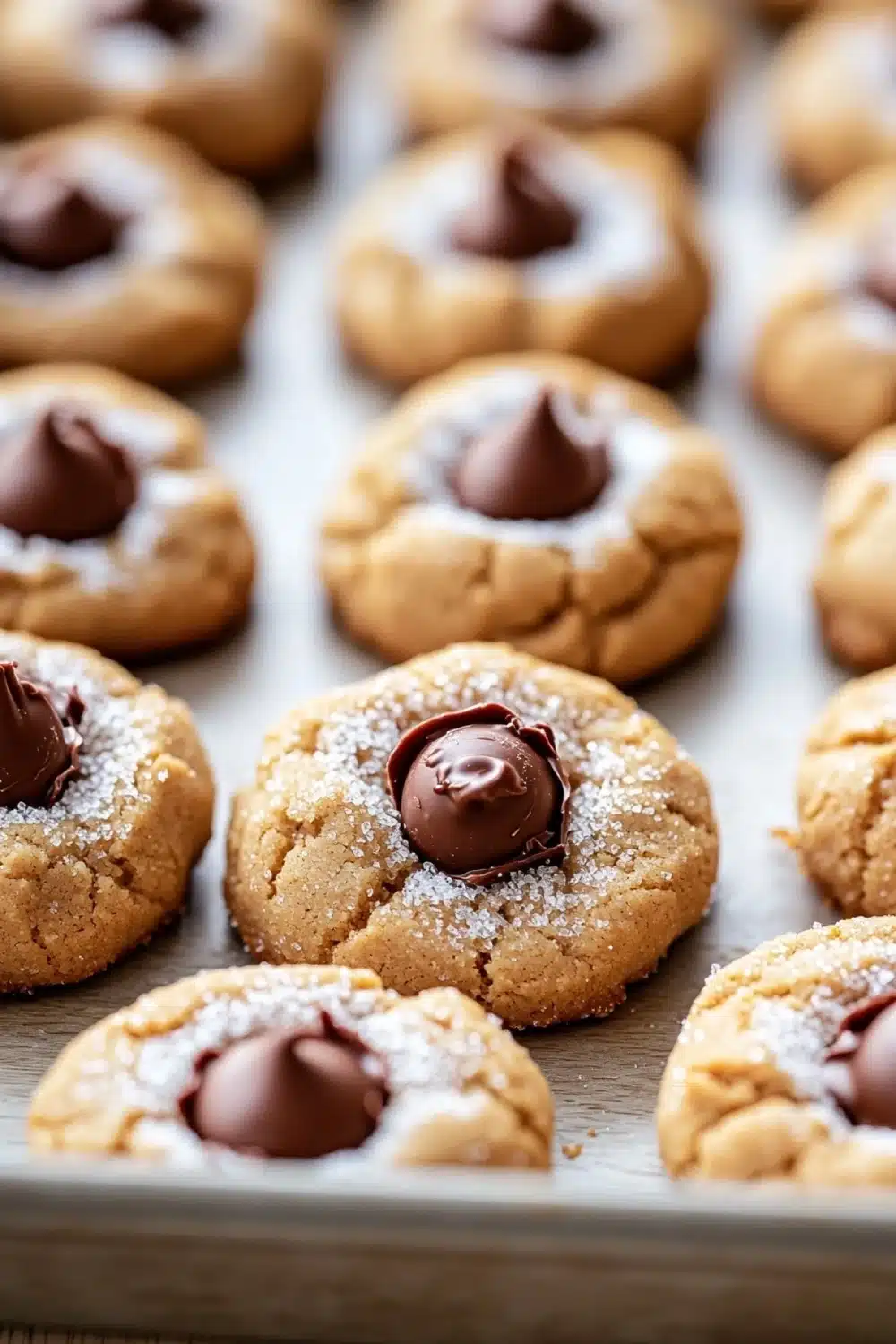 Peanut butter cookie blossoms - the image shows a tray of freshly baked cookies on a wooden table. the cookies are round and golden brown in color, with a crumbly texture. they are dusted with powdered sugar, giving them a shiny appearance. in the center of each cookie, there is a generous layer of chocolate shavings, which are arranged in a circular pattern. the chocolate is drizzled over the top of the cookies, creating a smooth and glossy texture. the tray is lined with parchment paper, and the background is blurred, making the cookies the focal point of the image.