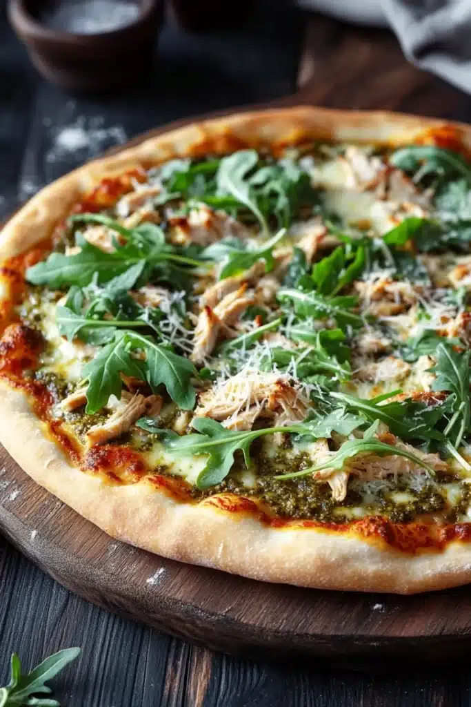 Pesto chicken arugula pizza - the image is of a freshly baked pizza on a wooden cutting board. the pizza has a golden brown crust and is topped with a generous amount of melted cheese and fresh green arugula leaves. the cheese appears to be melted and bubbly, and there are small pieces of chicken scattered throughout the pizza. the background is dark and out of focus, making the pizza the focal point of the image. there are a few sprigs of fresh herbs scattered around the cutting board, adding a pop of color to the scene.