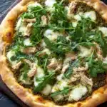 Pesto chicken arugula pizza - the image is of a freshly baked pizza on a wooden cutting board. the pizza has a golden brown crust and is topped with a generous amount of melted cheese and fresh arugula leaves. the cheese is melted and bubbly, and there are small pieces of chicken scattered throughout the pizza. the toppings are arranged in a circular pattern, with some overlapping each other. the background is a dark grey countertop, and a gray napkin is visible on the right side of the image.