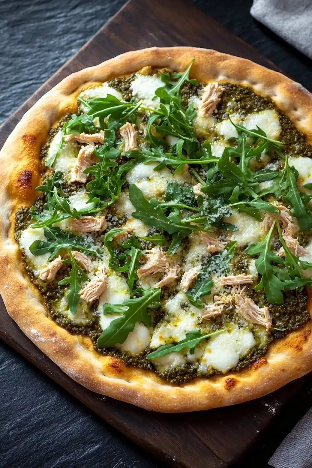 Pesto chicken arugula pizza - the image is of a freshly baked pizza on a wooden cutting board. the pizza has a golden brown crust and is topped with a generous amount of melted cheese and fresh arugula leaves. the cheese is melted and bubbly, and there are small pieces of chicken scattered throughout the pizza. the toppings are arranged in a circular pattern, with some overlapping each other. the background is a dark grey countertop, and a gray napkin is visible on the right side of the image.