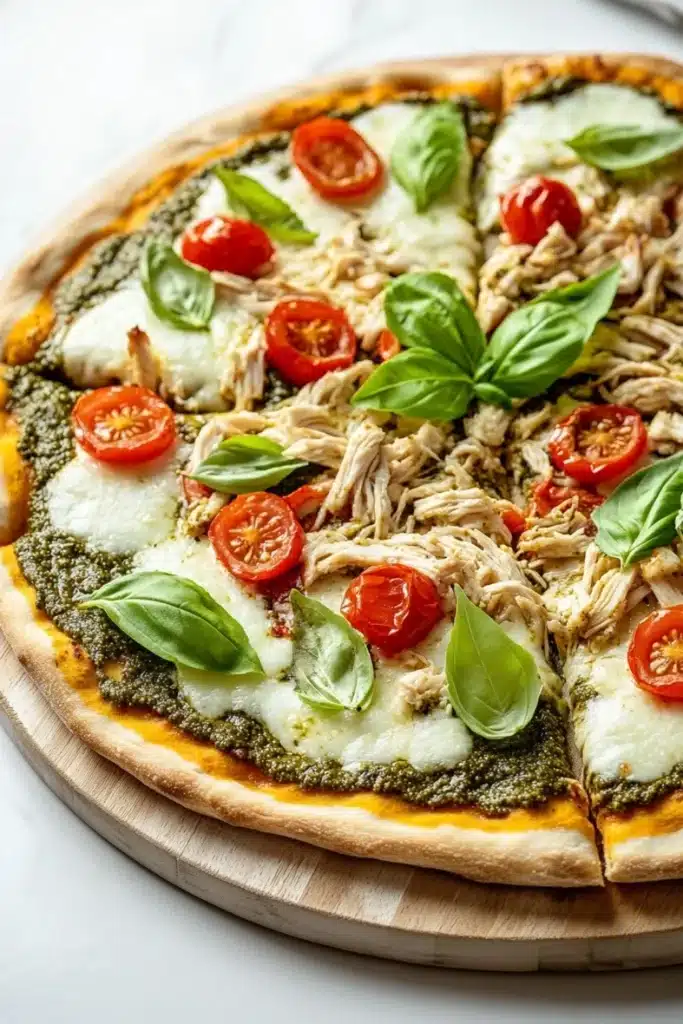 Pesto chicken pizza - the image is of a freshly baked pizza on a wooden cutting board. the pizza has a golden brown crust and is topped with shredded chicken, sliced cherry tomatoes, and fresh basil leaves. the chicken appears to be cooked and is arranged in a circular pattern on top of the pizza. the basil leaves are scattered around the pizza, adding a pop of green color to the dish. the background is a white marble countertop.