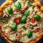 Pesto chicken pizza - the image is a close-up of a pizza on a wooden cutting board. the pizza is topped with shredded chicken, sliced tomatoes, and fresh basil leaves. the chicken is cooked to a golden brown color and appears to be seasoned with herbs and spices. the tomatoes are bright red and look ripe and juicy. the basil leaves are scattered around the pizza, adding a pop of green color to the dish. the background is a dark grey countertop, and there are a few more basil leaves scattered around.