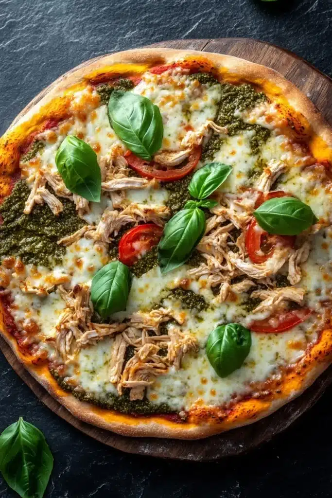Pesto chicken pizza - the image is a close-up of a pizza on a wooden cutting board. the pizza is topped with shredded chicken, sliced tomatoes, and fresh basil leaves. the chicken is cooked to a golden brown color and appears to be seasoned with herbs and spices. the tomatoes are bright red and look ripe and juicy. the basil leaves are scattered around the pizza, adding a pop of green color to the dish. the background is a dark grey countertop, and there are a few more basil leaves scattered around.