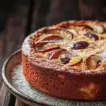 Plum cake allo yogurt giallo zafferano - the image is a close-up of a round cake on a wooden table. the cake appears to be freshly baked and has a golden brown crust on top. it is decorated with sliced plums arranged in a circular pattern on the sides of the cake. the plums are a deep red color and appear to be ripe and juicy. the plate it is sitting on is round and has an ornate design around the edges. the background is blurred, making the cake the focal point of the image.