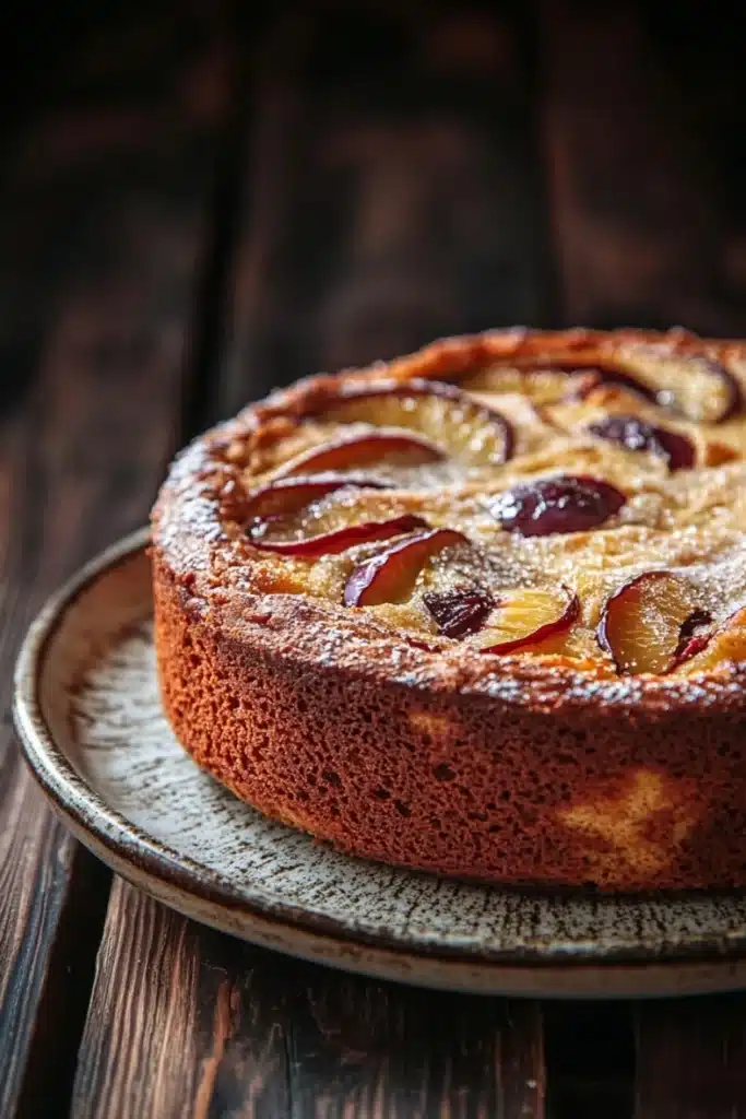 Plum cake allo yogurt giallo zafferano - the image is a close-up of a round cake on a wooden table. the cake appears to be freshly baked and has a golden brown crust on top. it is decorated with sliced plums arranged in a circular pattern on the sides of the cake. the plums are a deep red color and appear to be ripe and juicy. the plate it is sitting on is round and has an ornate design around the edges. the background is blurred, making the cake the focal point of the image.