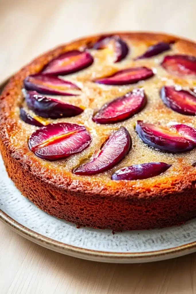 Plum cake allo yogurt giallo zafferano - the image is of a round cake on a white plate. the cake appears to be a cherry tart, with a golden brown crust and a flaky, buttery interior. on top of the cake, there are sliced plums arranged in a circular pattern. the plums are dark red in color and have a glossy sheen. the plate is sitting on a wooden table, and the background is blurred, making the cake the focal point of the image.