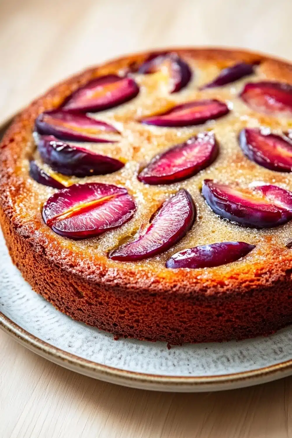 Plum cake allo yogurt giallo zafferano - the image is of a round cake on a white plate. the cake appears to be a cherry tart, with a golden brown crust and a flaky, buttery interior. on top of the cake, there are sliced plums arranged in a circular pattern. the plums are dark red in color and have a glossy sheen. the plate is sitting on a wooden table, and the background is blurred, making the cake the focal point of the image.