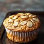 Protein muffin with almond flour - the image is a close-up of a freshly baked muffin on a wooden tray. the muffin is golden brown in color and has a crumbly texture. it is topped with sliced almonds, giving it a crunchy appearance. the tray is placed on a dark, textured surface, possibly a table or countertop. the background is blurred, making the muffin the focal point of the image.