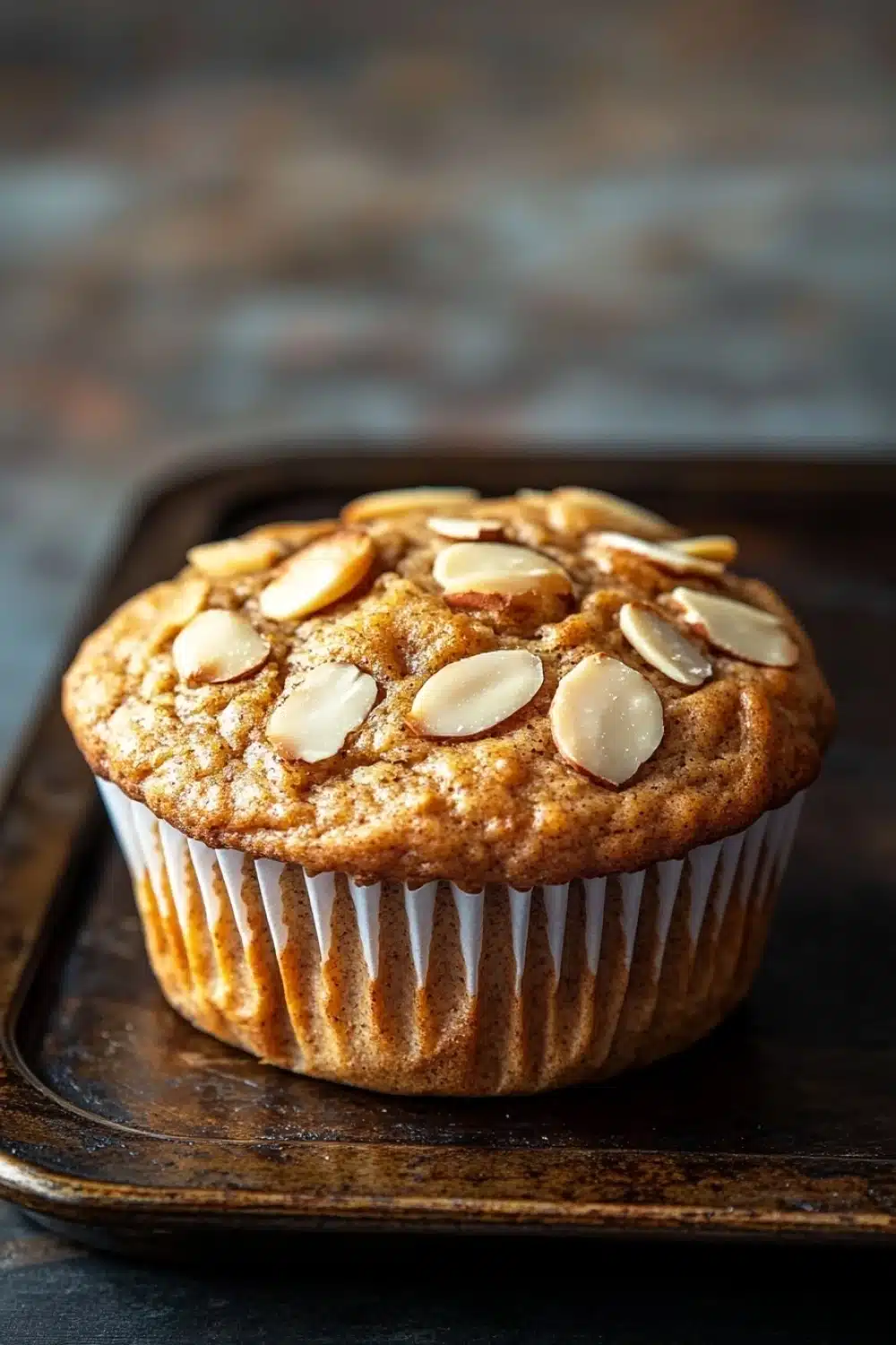 Protein muffin with almond flour - the image is a close-up of a freshly baked muffin on a wooden tray. the muffin is golden brown in color and has a crumbly texture. it is topped with sliced almonds, giving it a crunchy appearance. the tray is placed on a dark, textured surface, possibly a table or countertop. the background is blurred, making the muffin the focal point of the image.