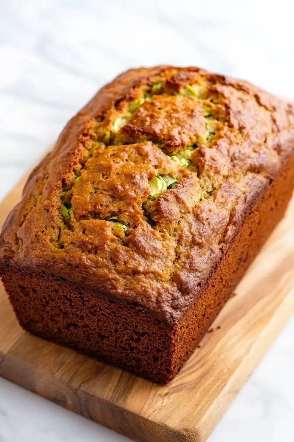 Pumpkin apple zucchini bread - the image shows a freshly baked loaf of bread on a wooden cutting board. the bread appears to be golden brown in color and has a crumbly texture. it is topped with sliced zucchini, which are visible in the center of the loaf. the cutting board is placed on a white marble countertop. the background is blurred, making the bread the focal point of the image.