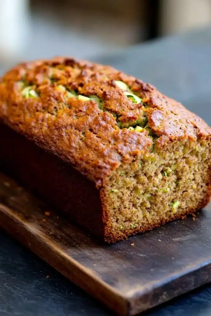 Pumpkin apple zucchini bread - the image shows a freshly baked loaf of zucchini bread on a wooden cutting board. the bread is golden brown in color and has a crumbly texture on top. it appears to be moist and fluffy, with small zucchinis scattered throughout. the cutting board is placed on a dark blue countertop, and the background is blurred, making the bread the focal point of the image.