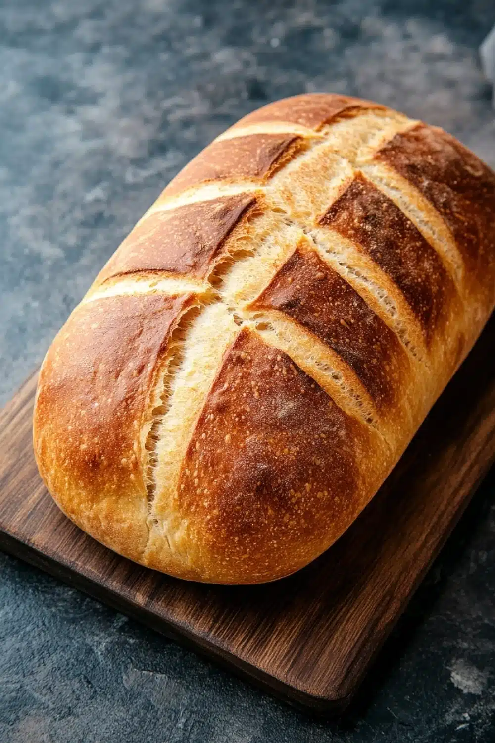 Red star rise yeast bread - the image shows a freshly baked loaf of bread on a wooden cutting board. the bread is golden brown in color and has a criss-cross pattern on its surface. the loaf appears to be freshly baked and is sitting on a dark grey countertop. the cutting board is made of dark wood and is placed next to the bread. the background is blurred, but it seems to be a kitchen countertop with a white cloth napkin on the right side.