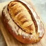 Red star rise yeast bread - the image shows a freshly baked loaf of bread on a wooden cutting board. the bread appears to be freshly baked, with a golden brown crust and a soft, fluffy interior. the loaf is cut in half, revealing the interior of the bread. the cutting board is placed on a gray countertop, and the background is blurred, making the bread the focal point of the image.