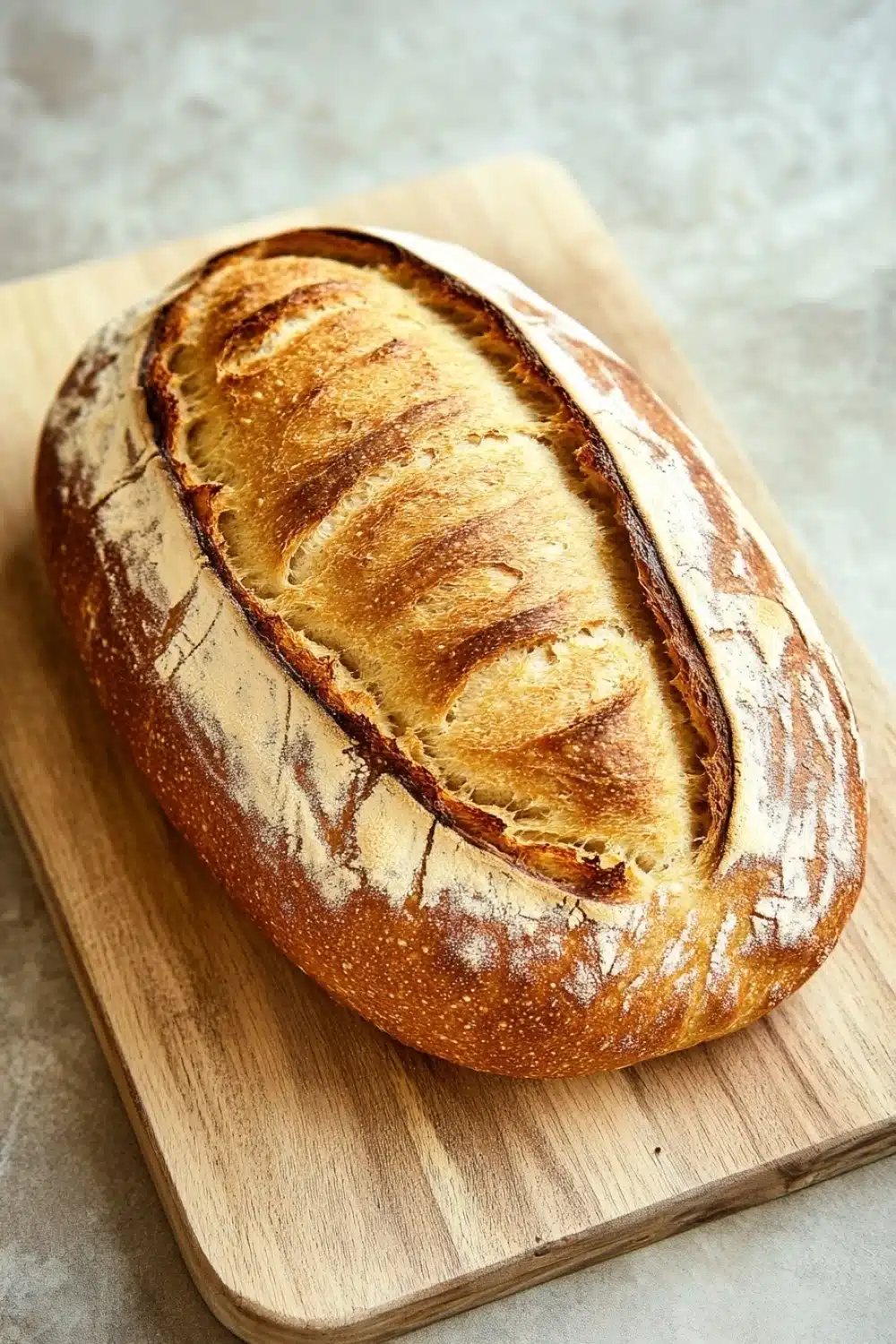 Red star rise yeast bread - the image shows a freshly baked loaf of bread on a wooden cutting board. the bread appears to be freshly baked, with a golden brown crust and a soft, fluffy interior. the loaf is cut in half, revealing the interior of the bread. the cutting board is placed on a gray countertop, and the background is blurred, making the bread the focal point of the image.