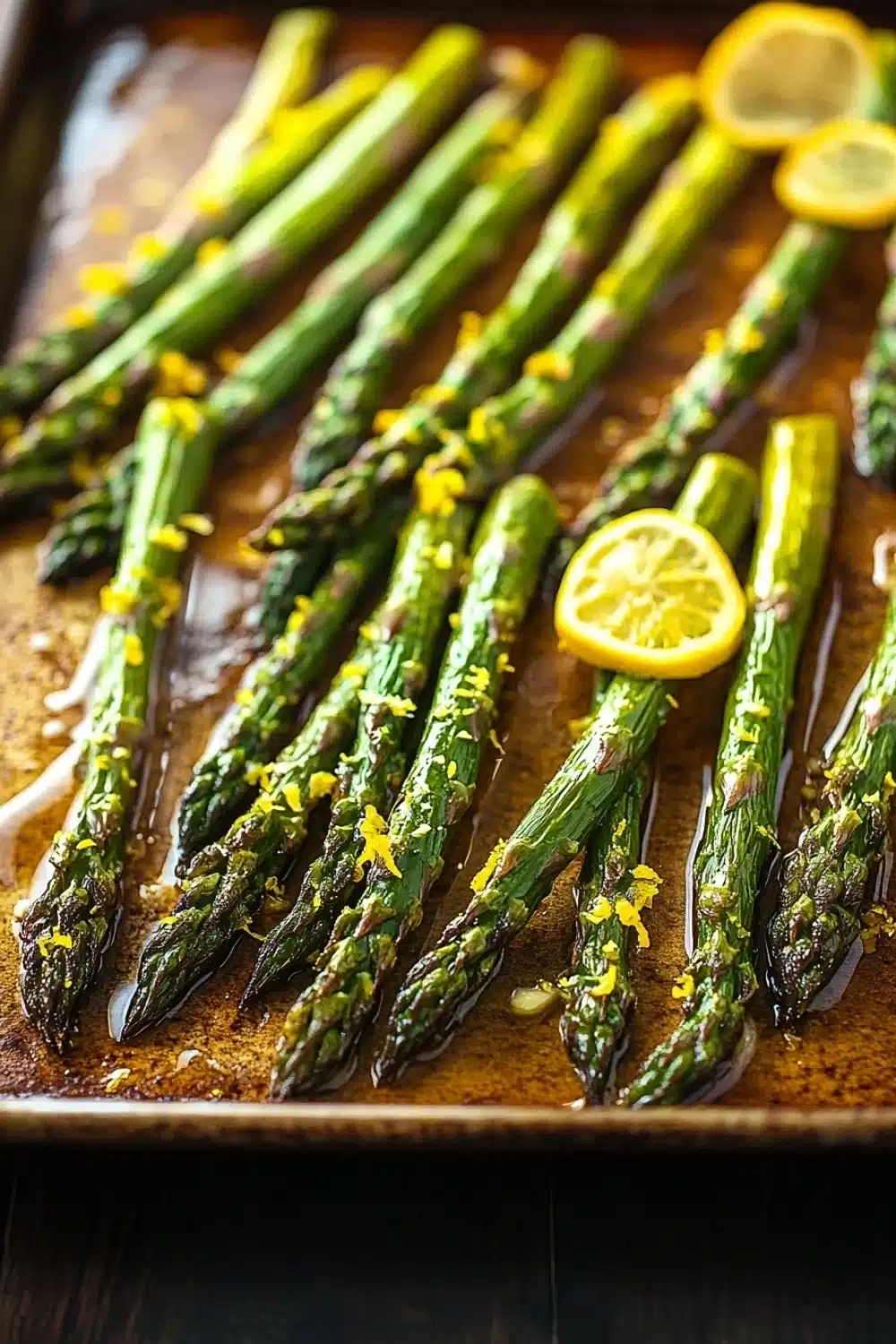 Roasted lemon honey garlic asparagus - the image shows a tray of cooked asparagus spears on a wooden table. the spears are arranged in a single layer on the tray, with some of them overlapping each other. they are covered in a dark sauce, which appears to be drizzled over the top of the spears. there are also a few slices of lemon scattered around the tray. the background is blurred, but it seems to be a kitchen countertop. the overall mood of the image is fresh and appetizing.