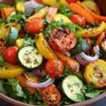 Roasted vegetable salad - the image is a close-up of a colorful salad in a brown bowl. the salad is made up of various types of vegetables, including sliced zucchini, cherry tomatoes, red onions, and yellow bell peppers. the vegetables are arranged in a circular pattern, with some overlapping each other. the bowl is sitting on a dark grey tablecloth, and the background is blurred, making the salad the focal point of the image.