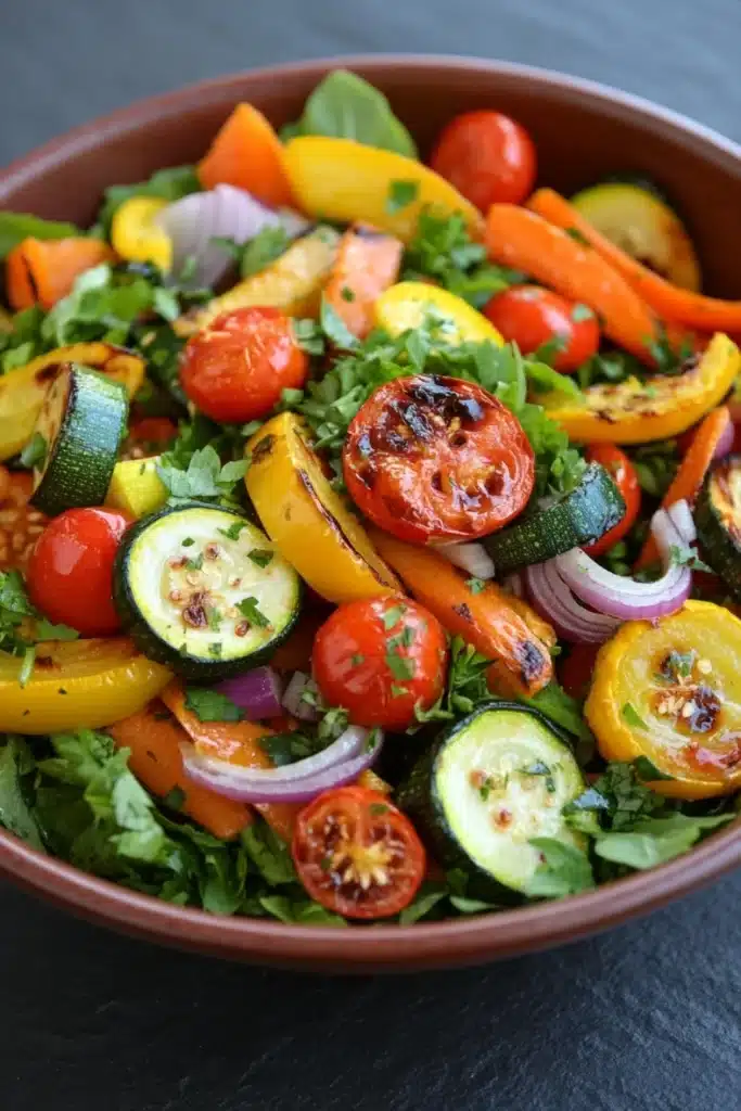 Roasted vegetable salad - the image is a close-up of a colorful salad in a brown bowl. the salad is made up of various types of vegetables, including sliced zucchini, cherry tomatoes, red onions, and yellow bell peppers. the vegetables are arranged in a circular pattern, with some overlapping each other. the bowl is sitting on a dark grey tablecloth, and the background is blurred, making the salad the focal point of the image.