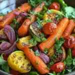Roasted vegetable salad - the image is a close-up of a colorful salad in a large bowl. the salad is made up of various vegetables, including carrots, red onions, yellow bell peppers, and green leafy greens. the carrots are arranged in a circular pattern, with some overlapping each other. the bell peppers are bright red and appear to be roasted, while the onions are a deep red color. the greens are a mix of green and red, and they are scattered throughout the salad. the bowl is sitting on a white tablecloth, and the background is blurred, making the salad the focal point of the image.