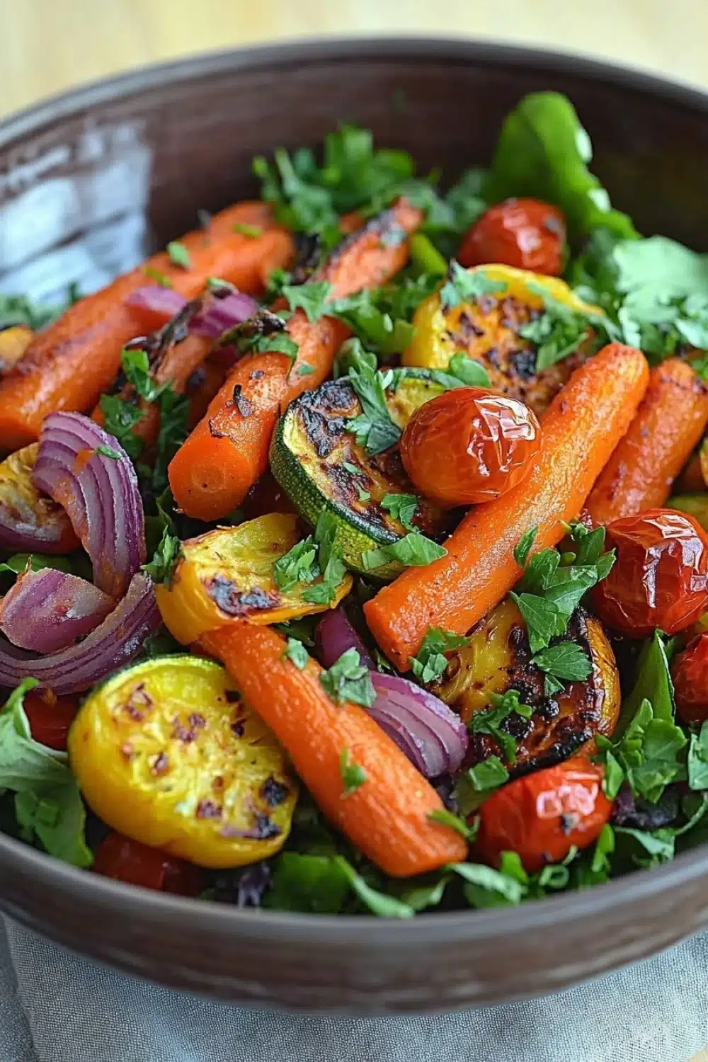 Roasted vegetable salad - the image is a close-up of a colorful salad in a large bowl. the salad is made up of various vegetables, including carrots, red onions, yellow bell peppers, and green leafy greens. the carrots are arranged in a circular pattern, with some overlapping each other. the bell peppers are bright red and appear to be roasted, while the onions are a deep red color. the greens are a mix of green and red, and they are scattered throughout the salad. the bowl is sitting on a white tablecloth, and the background is blurred, making the salad the focal point of the image.
