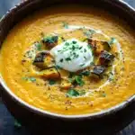 Roasted zucchini and butternut squash soup - the image is a close-up of a bowl of orange-colored soup. the soup appears to be thick and creamy, with a smooth texture. on top of the soup, there is a dollop of sour cream and a sprinkle of chopped herbs. the bowl is made of dark brown ceramic and is sitting on a wooden table. the background is blurred, but it seems to be a rustic kitchen countertop with a few sprigs of parsley scattered around.