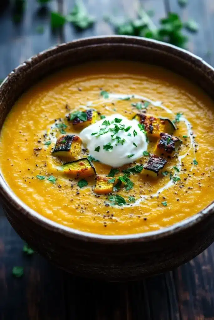 Roasted zucchini and butternut squash soup - the image is a close-up of a bowl of orange-colored soup. the soup appears to be thick and creamy, with a smooth texture. on top of the soup, there is a dollop of sour cream and a sprinkle of chopped herbs. the bowl is made of dark brown ceramic and is sitting on a wooden table. the background is blurred, but it seems to be a rustic kitchen countertop with a few sprigs of parsley scattered around.