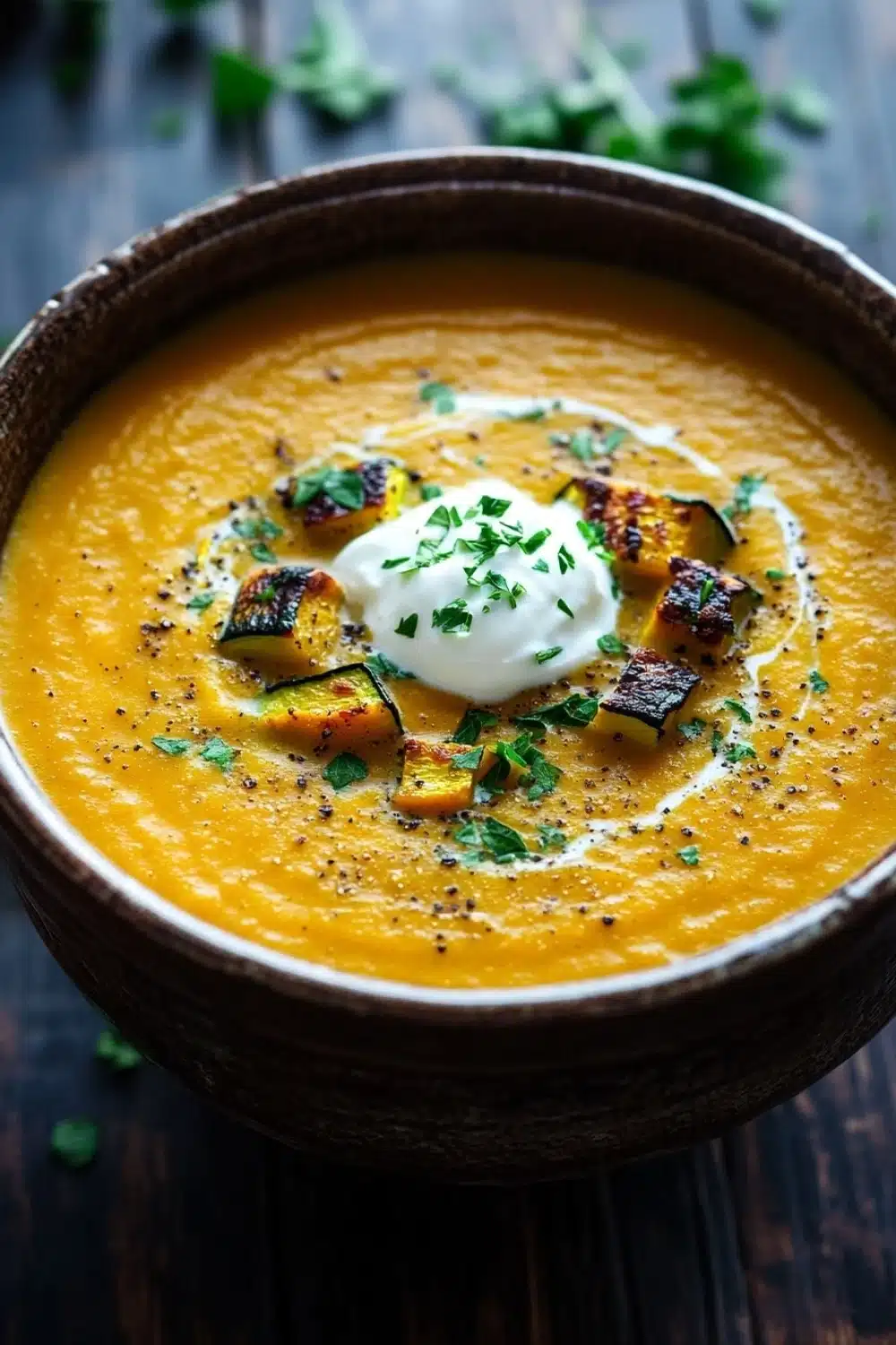 Roasted zucchini and butternut squash soup - the image is a close-up of a bowl of orange-colored soup. the soup appears to be thick and creamy, with a smooth texture. on top of the soup, there is a dollop of sour cream and a sprinkle of chopped herbs. the bowl is made of dark brown ceramic and is sitting on a wooden table. the background is blurred, but it seems to be a rustic kitchen countertop with a few sprigs of parsley scattered around.