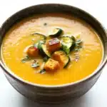 Roasted zucchini and butternut squash soup - the image is a close-up of a bowl of orange-colored soup. the soup appears to be thick and creamy, with chunks of squash and zucchini scattered throughout. the bowl is made of ceramic and has a dark brown rim. it is sitting on a white marble countertop. the background is blurred, making the bowl the focal point of the image.