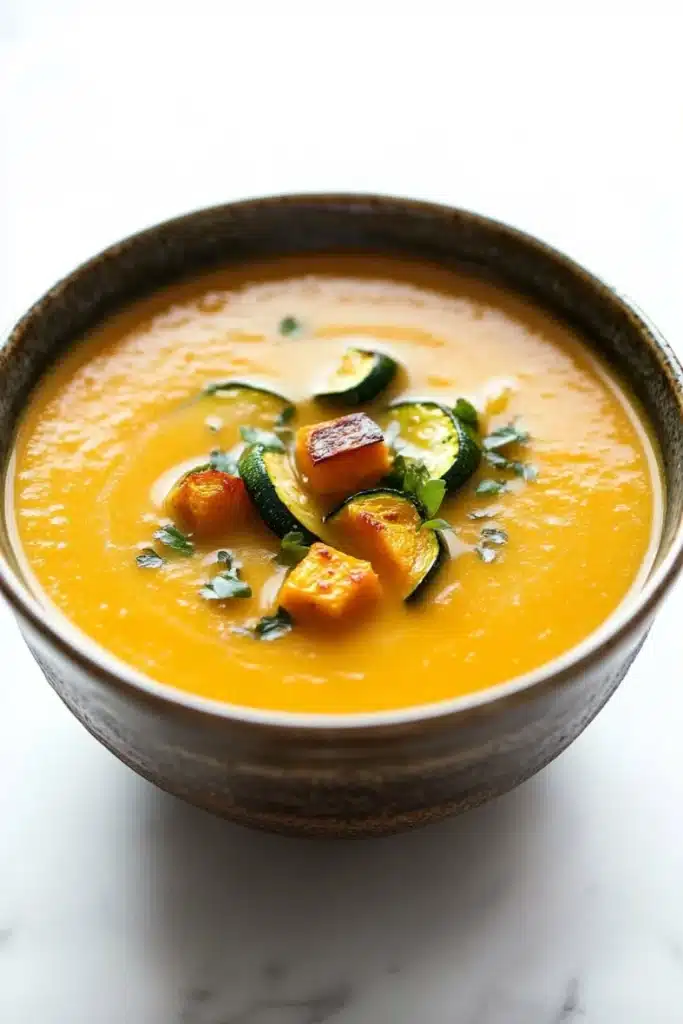 Roasted zucchini and butternut squash soup - the image is a close-up of a bowl of orange-colored soup. the soup appears to be thick and creamy, with chunks of squash and zucchini scattered throughout. the bowl is made of ceramic and has a dark brown rim. it is sitting on a white marble countertop. the background is blurred, making the bowl the focal point of the image.