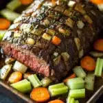 Rosemary garlic roast beef slow cooker - the image shows a large piece of cooked steak on a baking tray. the steak appears to be medium-rare and has a pinkish-brown crust on top. it is garnished with herbs and spices, including rosemary and thyme. the vegetables on the tray include carrots, celery, and onions. the tray is lined with parchment paper and there is a blue and white striped napkin in the background. the overall presentation of the dish is elegant and appetizing.