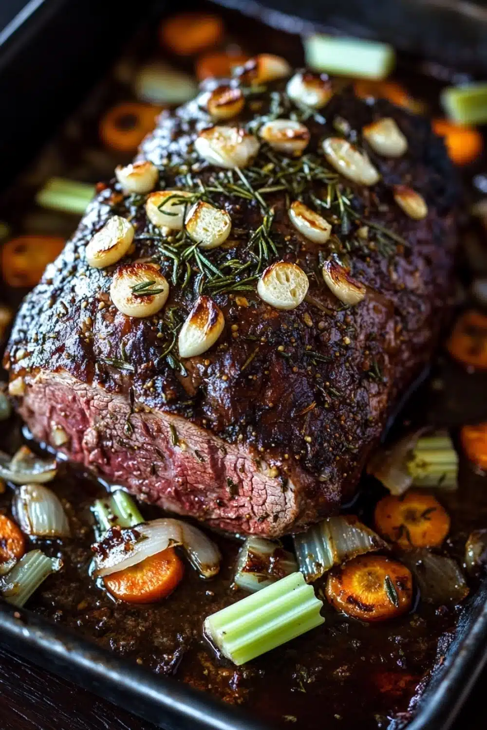Rosemary garlic roast beef slow cooker - the image shows a large piece of cooked steak on a black baking tray. the steak appears to be medium-rare and has a dark brown crust on top. it is garnished with chopped onions and rosemary sprigs. there are also small pieces of carrots and celery scattered around the steak. the tray is sitting on a wooden table.