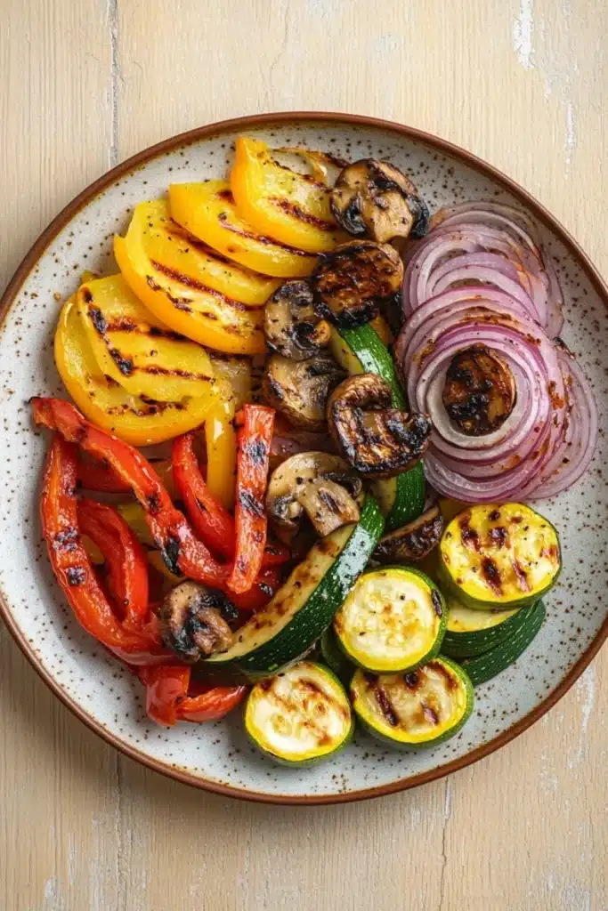Sauteed vegetables on grill - the image is a close-up of a plate of grilled vegetables. the plate is round and has a light brown color with a speckled pattern. on the plate, there are sliced red and yellow bell peppers, sliced zucchini, and sliced mushrooms. the vegetables are arranged in a circular pattern and appear to be seasoned with herbs and spices. the background is a wooden table.