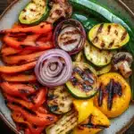 Sauteed vegetables on grill - the image is a close-up of a plate of grilled vegetables. the plate is made of ceramic and is placed on a wooden table. the vegetables are arranged in a circular pattern on the plate. on the left side of the plate, there are sliced red and yellow bell peppers, zucchini, and mushrooms. the zucchinis are grilled to a golden brown color and have a crispy texture. the mushrooms are dark brown and appear to be seasoned with herbs and spices. the red onions are sliced into thin strips and are placed in the center of the vegetables, adding a pop of color to the dish.