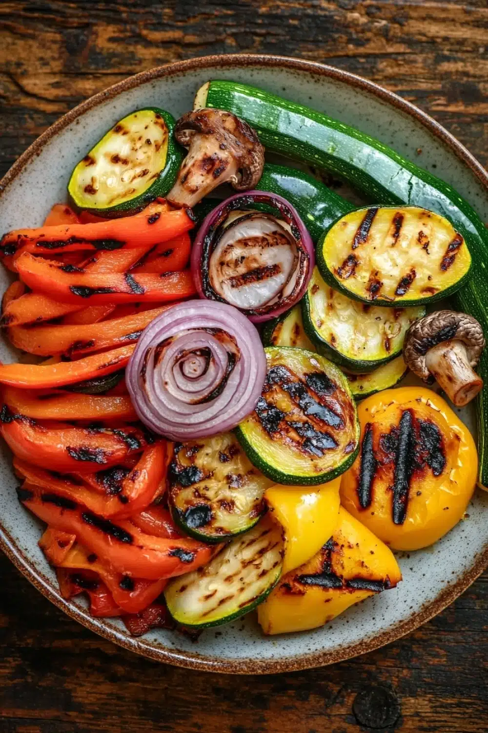 Sauteed vegetables on grill - the image is a close-up of a plate of grilled vegetables. the plate is made of ceramic and is placed on a wooden table. the vegetables are arranged in a circular pattern on the plate. on the left side of the plate, there are sliced red and yellow bell peppers, zucchini, and mushrooms. the zucchinis are grilled to a golden brown color and have a crispy texture. the mushrooms are dark brown and appear to be seasoned with herbs and spices. the red onions are sliced into thin strips and are placed in the center of the vegetables, adding a pop of color to the dish.